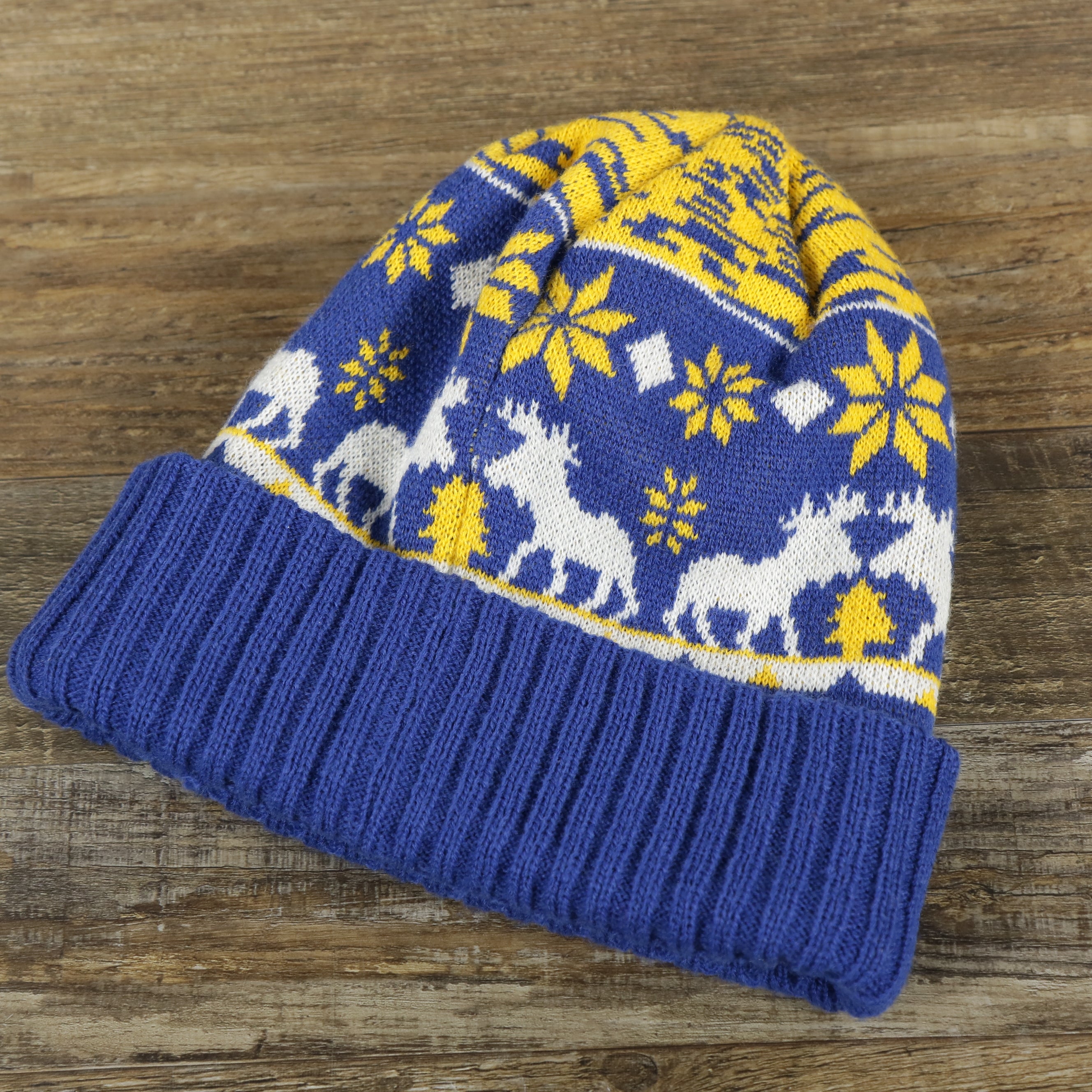 Retro Golden State Warriors Mooser Ugly Sweater Cuffed Winter Beanie | Royal Blue And Yellow Winter Beanie