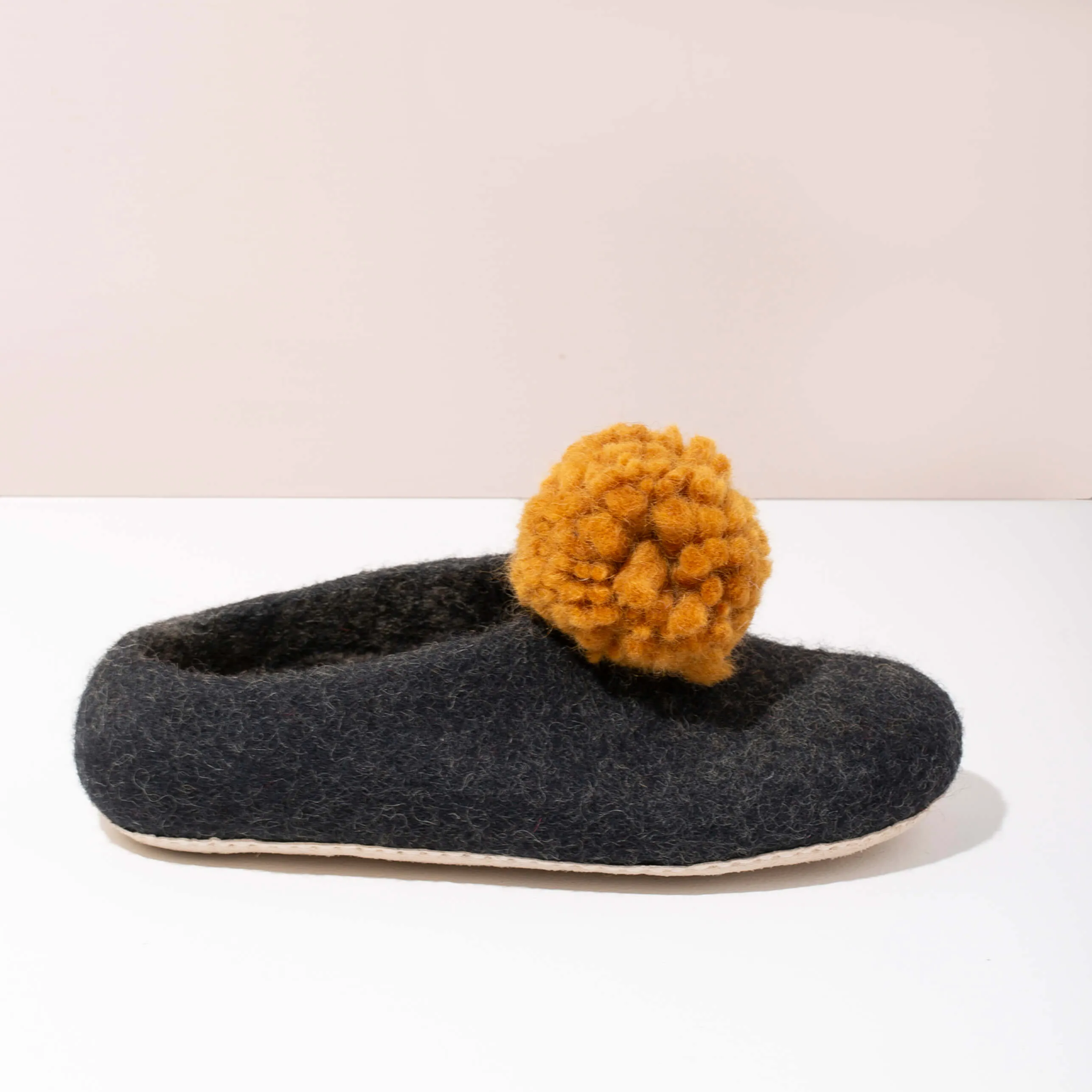 SALE - Pom Pom Felt Slippers - Dark Grey + Gold