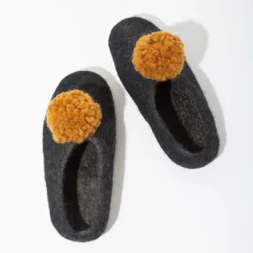 SALE - Pom Pom Felt Slippers - Dark Grey + Gold