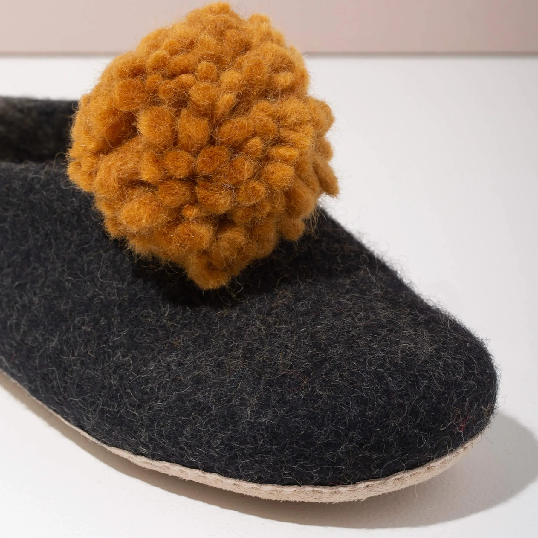 SALE - Pom Pom Felt Slippers - Dark Grey + Gold