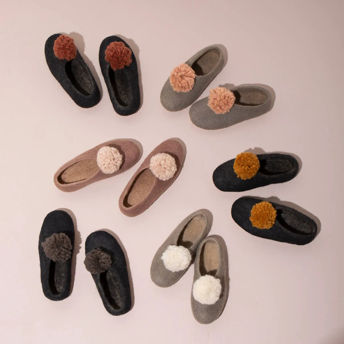 SALE - Pom Pom Felt Slippers - Dark Grey + Gold