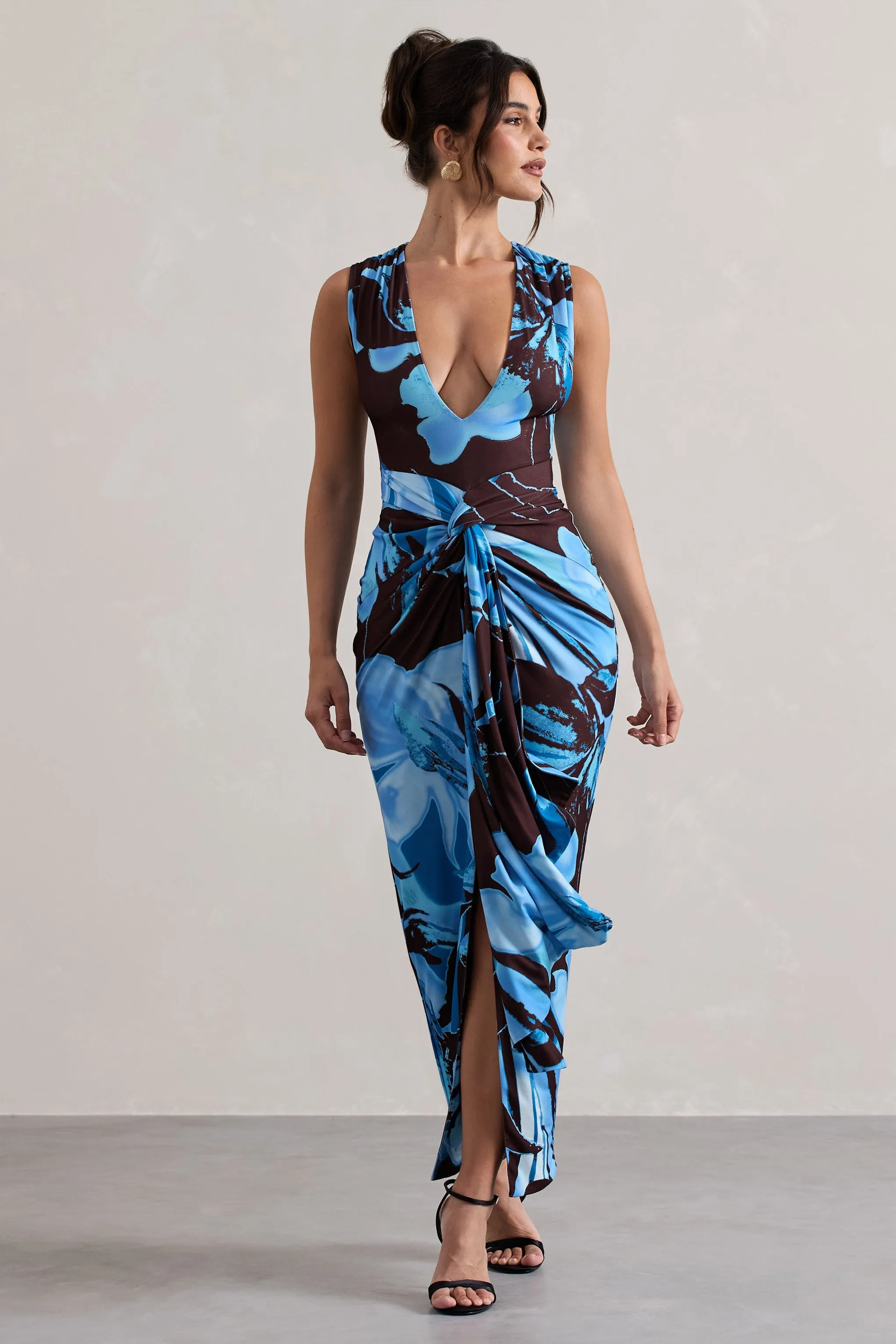 Santana | Floral Print Plunge-Neck Split Maxi Dress With Knot Detail