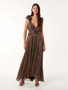 Selena Plisse Ruffle Shoulder Maxi Dress