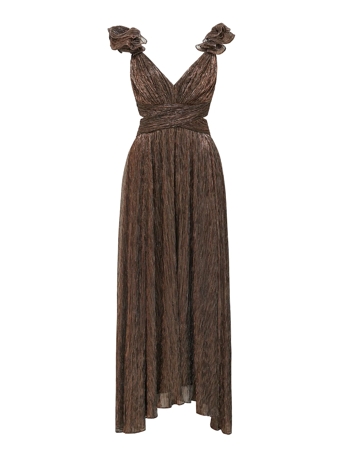 Selena Plisse Ruffle Shoulder Maxi Dress