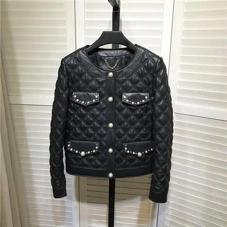 Sheepskin Studded Quilted Leather Jacket