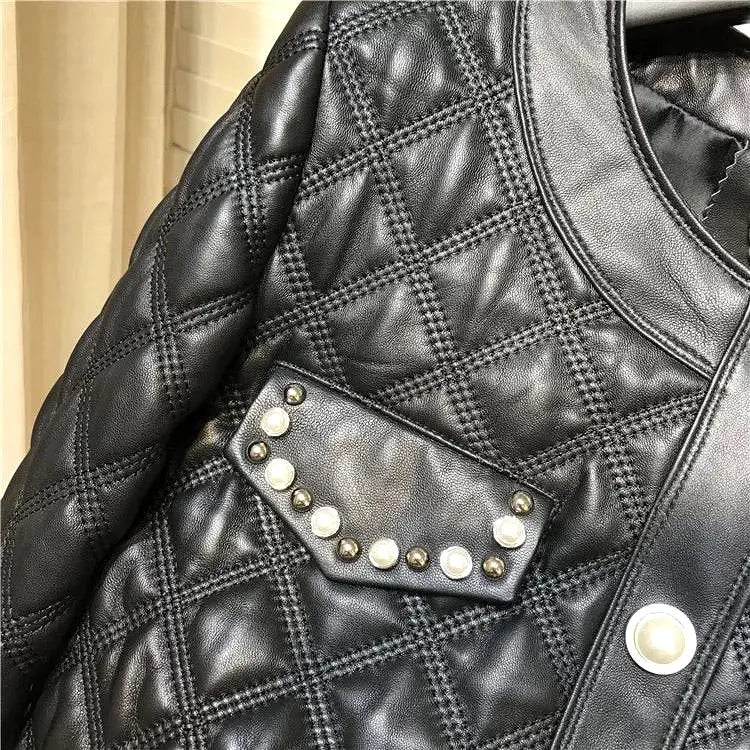 Sheepskin Studded Quilted Leather Jacket