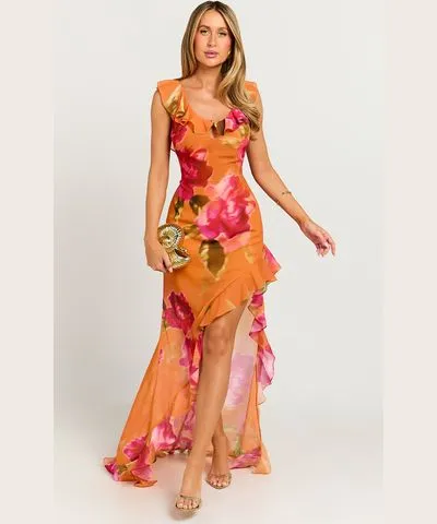 Showpo Theadore Maxi Dress - One Shoulder Asymmetric Hem Dress in Tropical Sunset