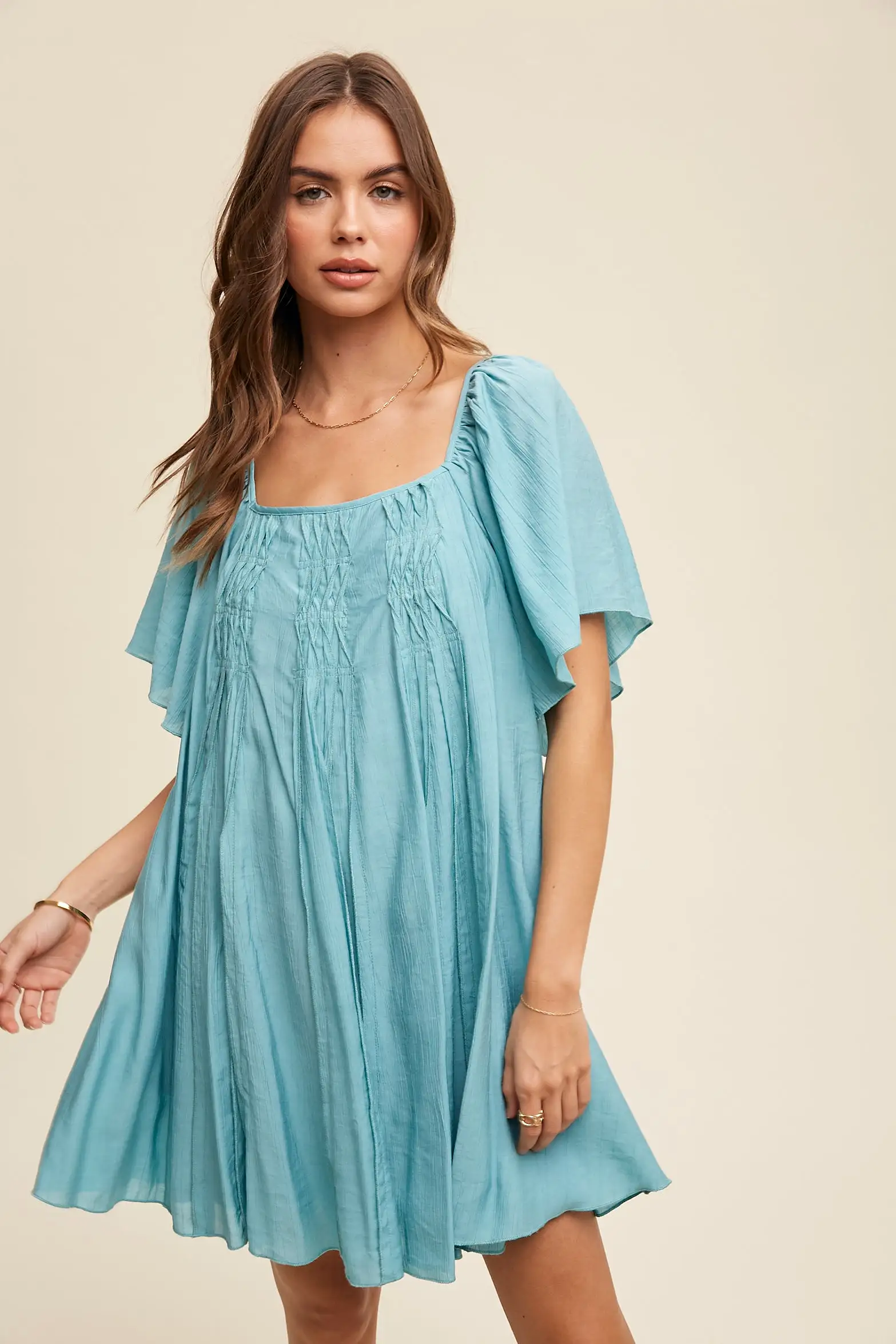 Square Neck Ruffled Design Babydoll Dress