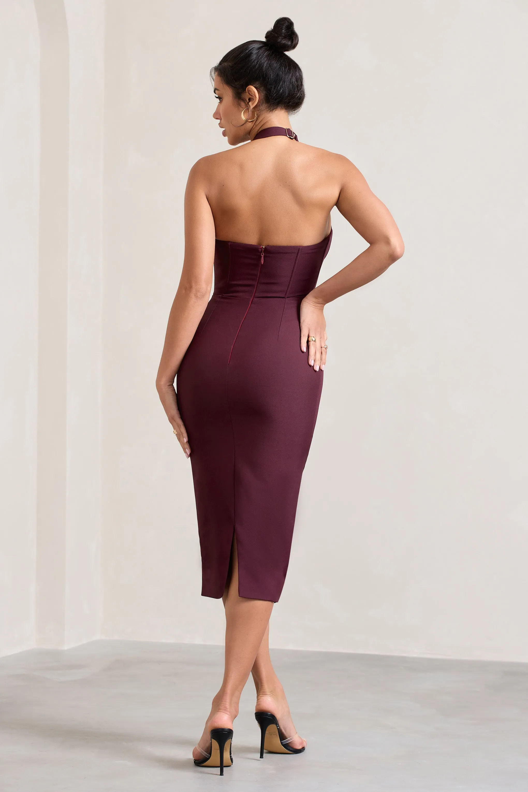 Supermodel | Burgundy Halter-Neck Corset Midi Dress