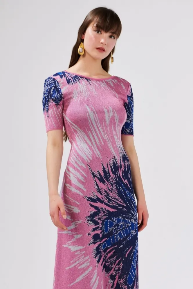 Tie-Dye Jacquard Scoop Back Midi Dress in Pink & Blue