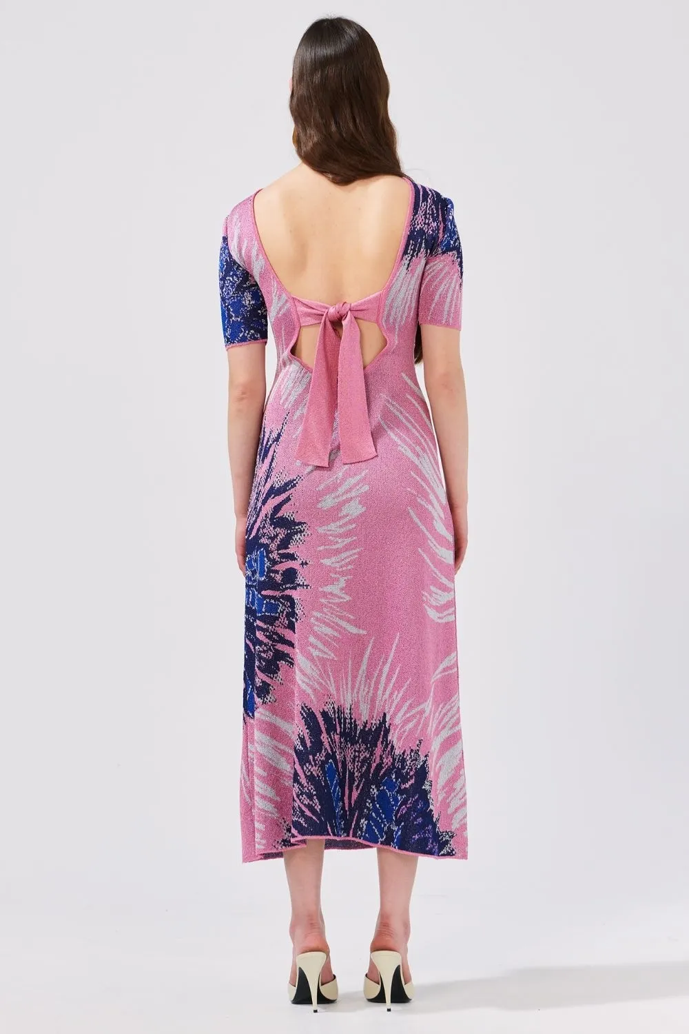 Tie-Dye Jacquard Scoop Back Midi Dress in Pink & Blue