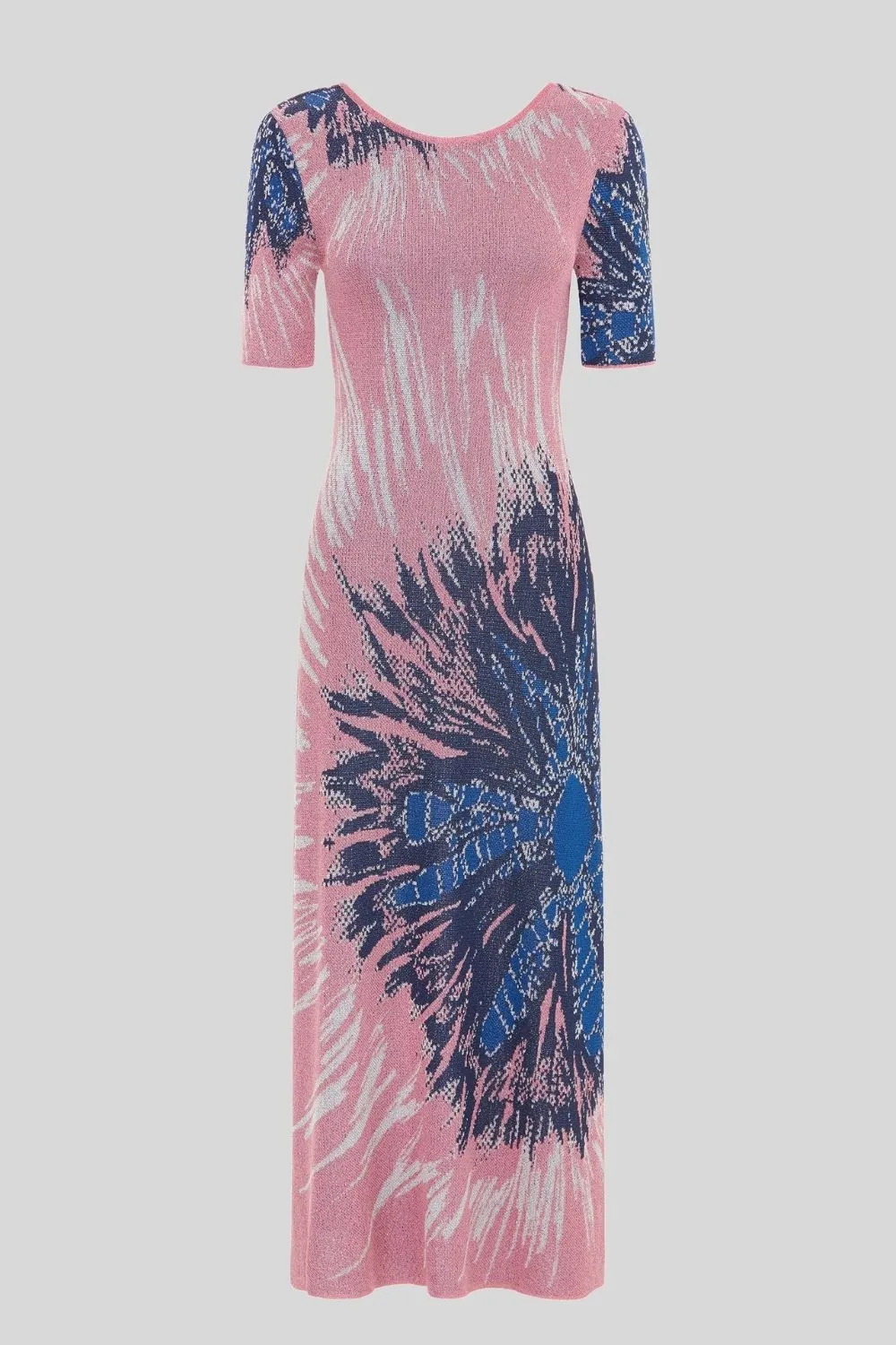 Tie-Dye Jacquard Scoop Back Midi Dress in Pink & Blue