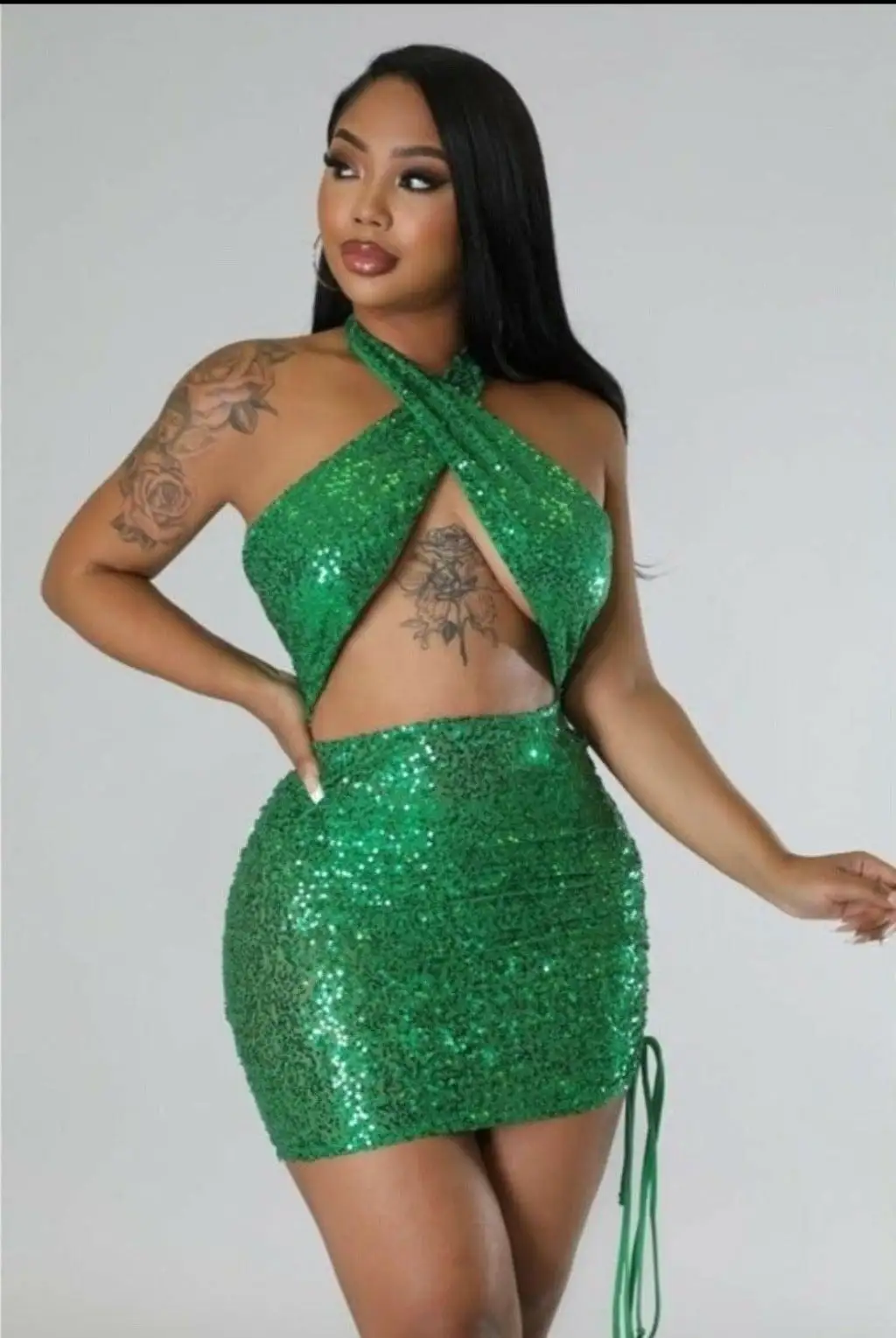 Vera Sheer Sequin Mini Dress - Green