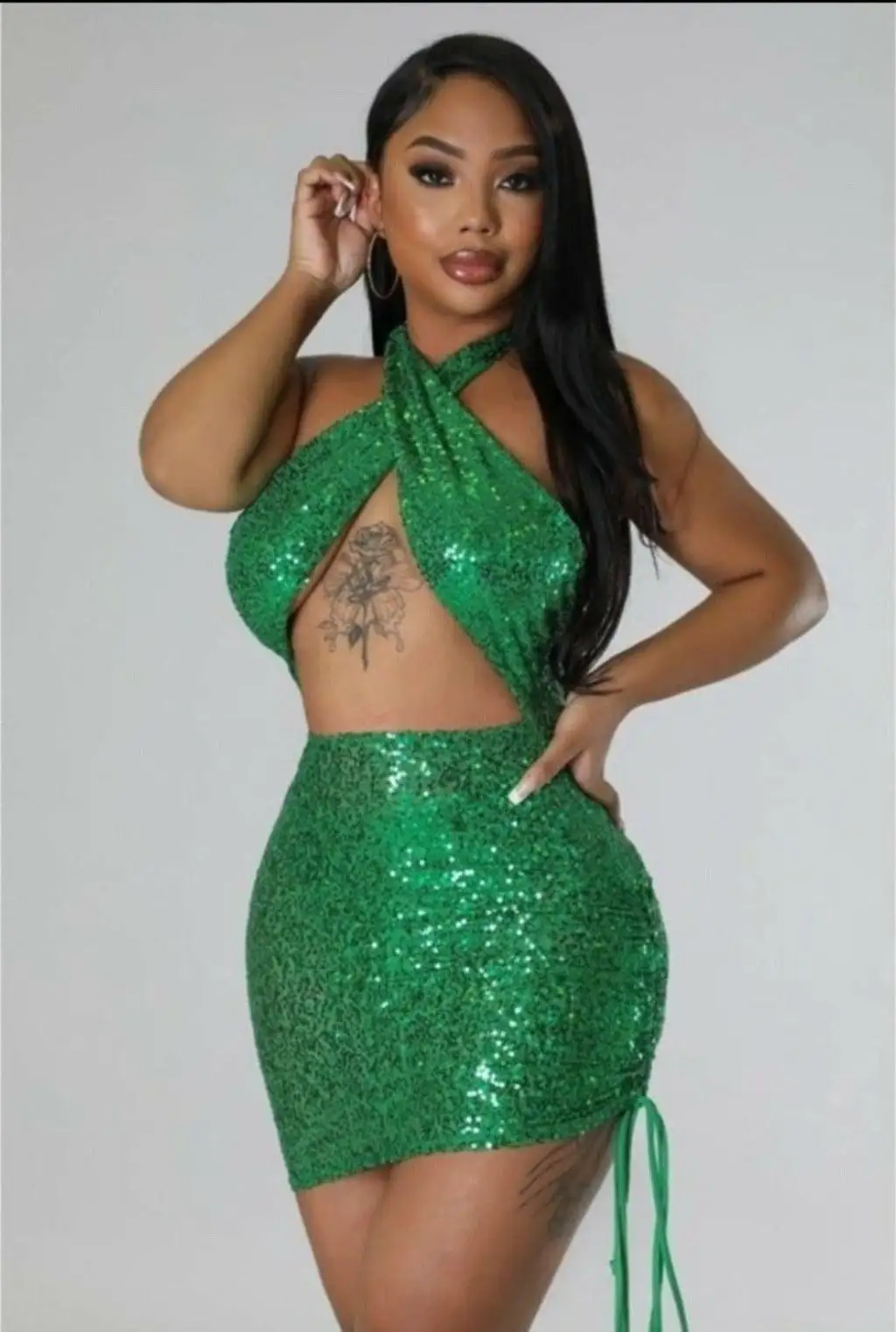 Vera Sheer Sequin Mini Dress - Green