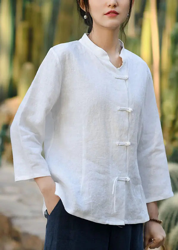 White Solid Button Linen Coats Stand Collar Spring CG1001