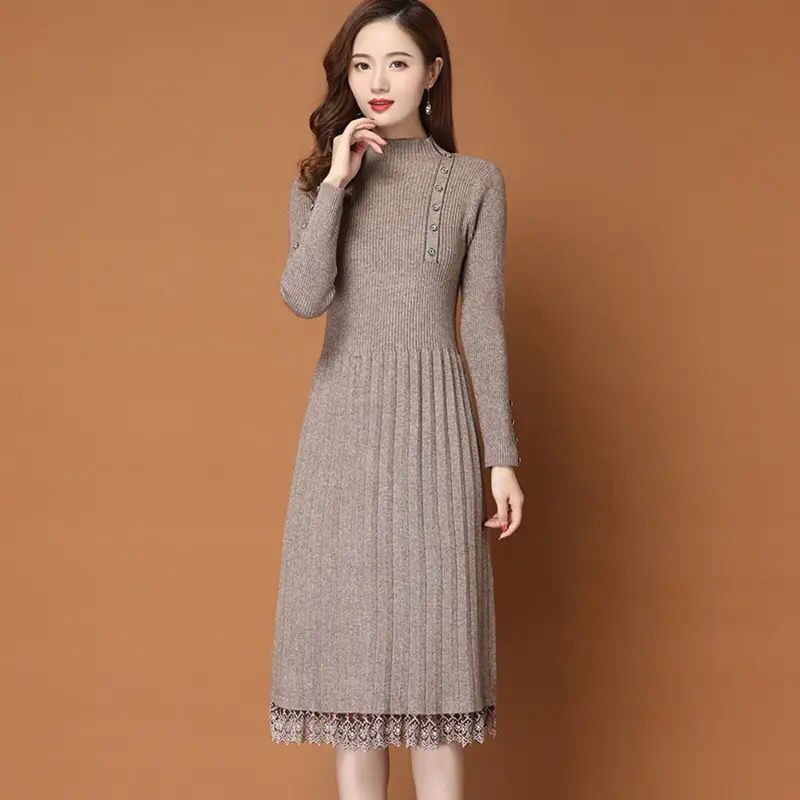 Women Sweater Dress Autumn Winter New Women's Long Lace Sweater S3781806