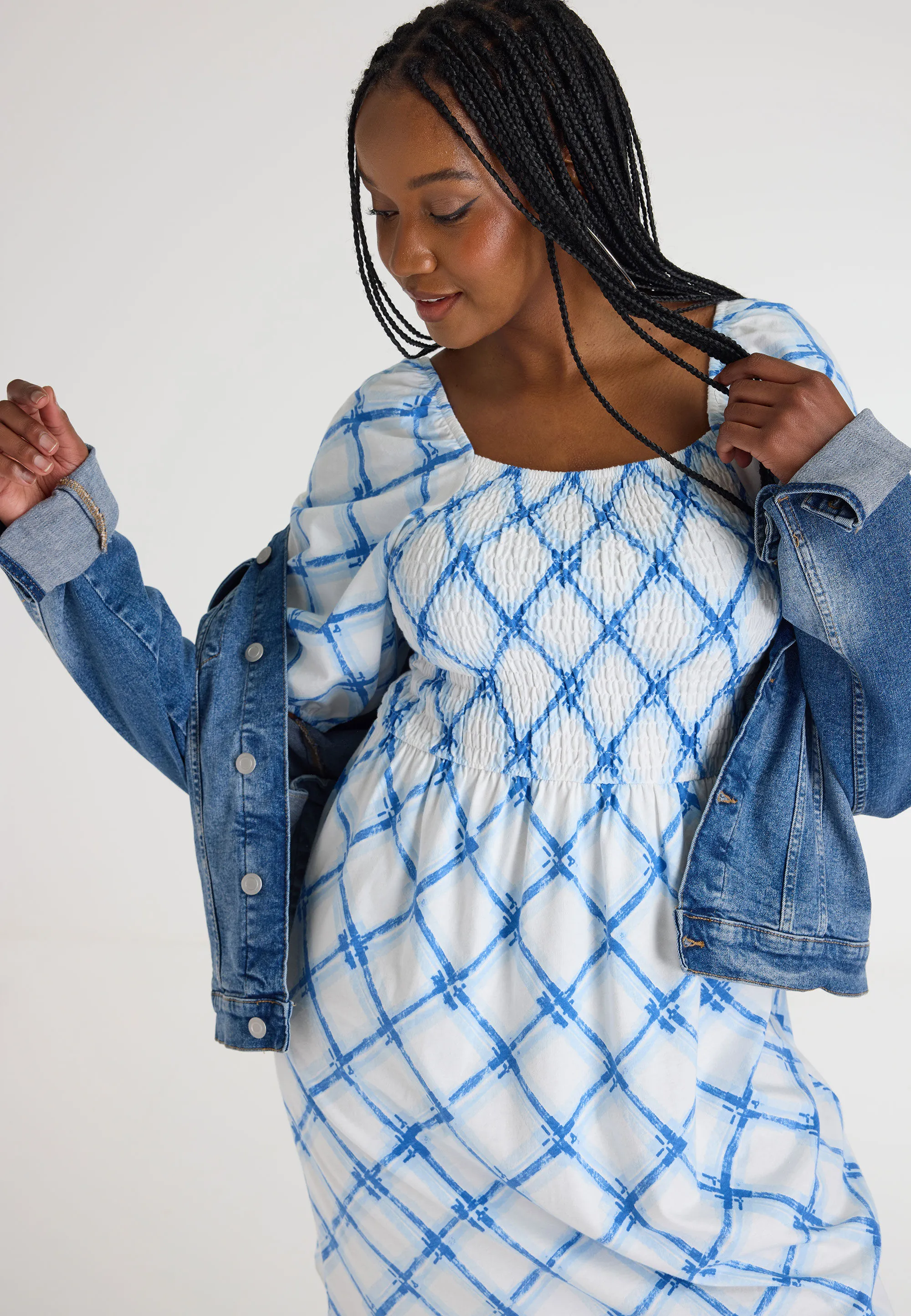 Womens Blue Check Shirred Bodice Dress