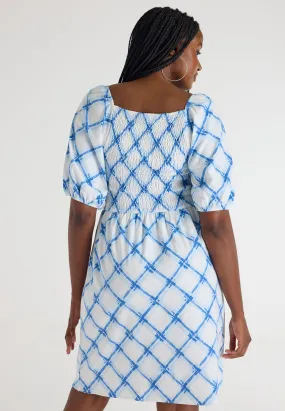 Womens Blue Check Shirred Bodice Dress