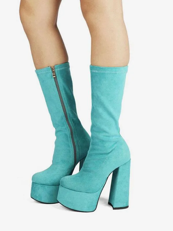 Women's Chunky Heel Platform Mid Calf Boots In Boots