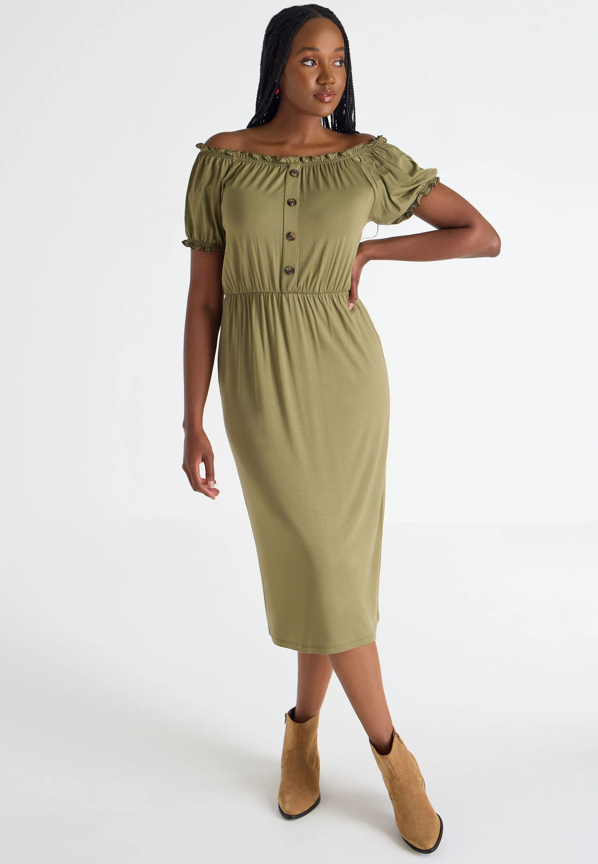 Womens Khaki Gypsy Buttoned Midi Dress