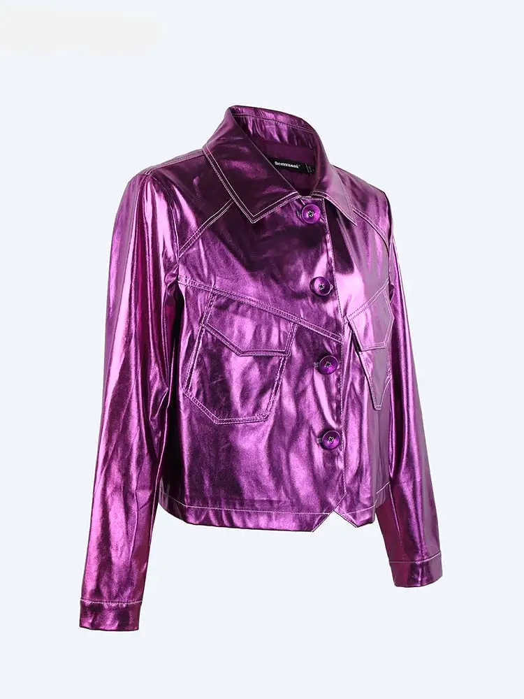 Womens Short Shiny Reflective Patent Pu Leather Jacket Women Motorcycle Jackets